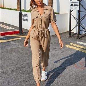 Solid Drawstring Waist Shirt Jumpsuit